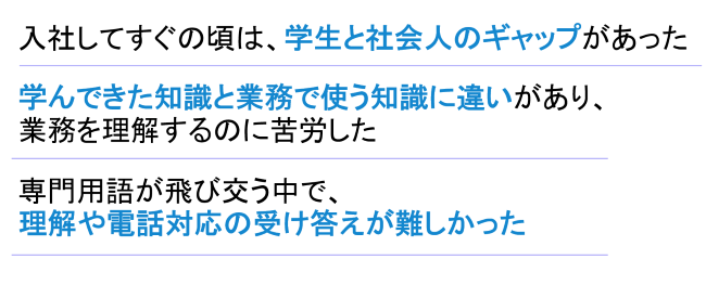 入社してすぐの頃は、学生と社会人のギャップがあった、学んできた知識と業務で使う知識に違いがあり、業務を理解するのに苦労した、専門用語が飛び交う中で、理解や電話対応の受け答えが難しかった